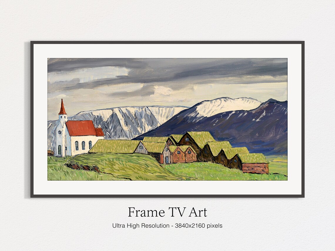 Icelandic Village Church Turf Houses Mountain Landscape Travel Poster - Image 5