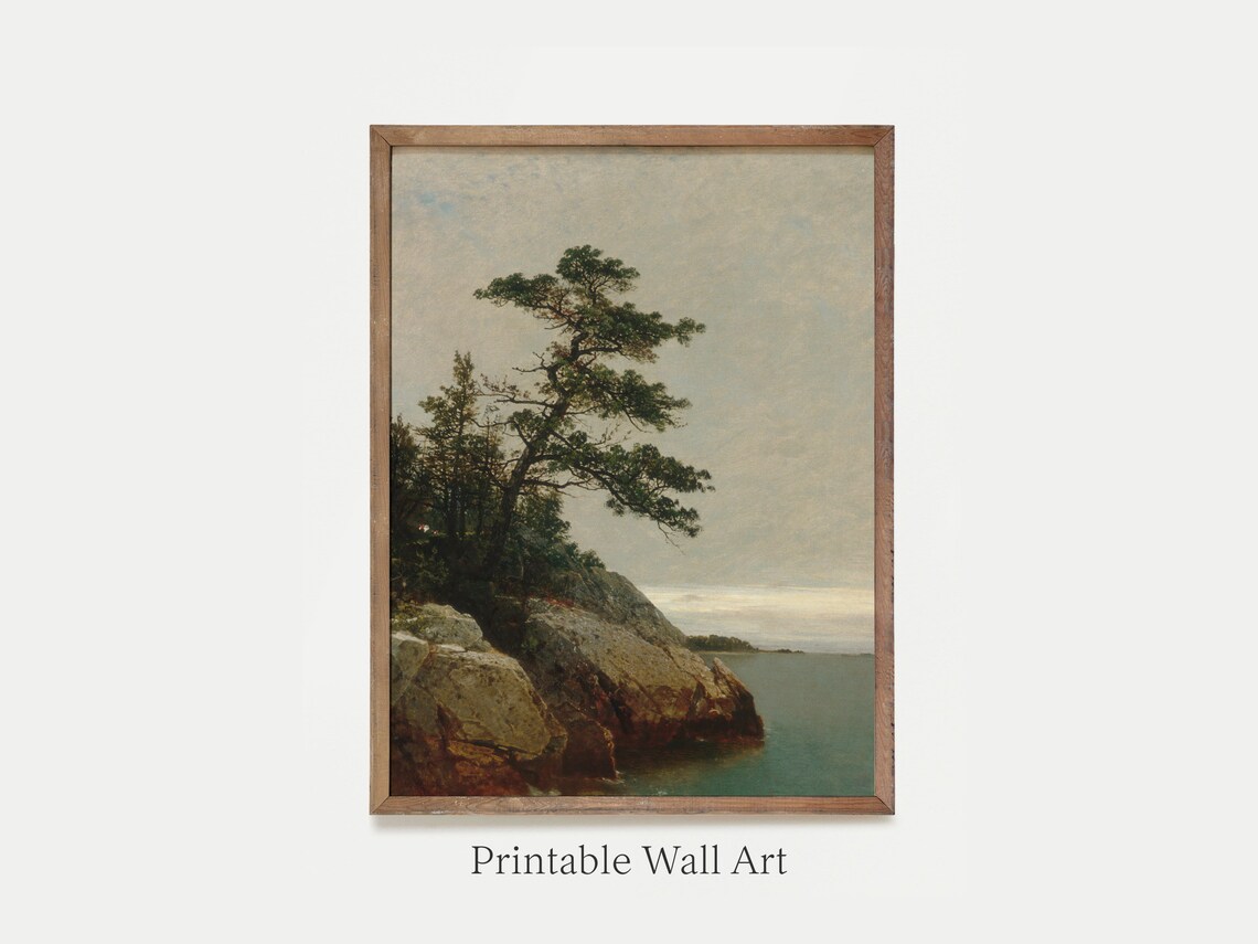 Vintage Coastal Landscape, Pine Tree Painting - Image 4