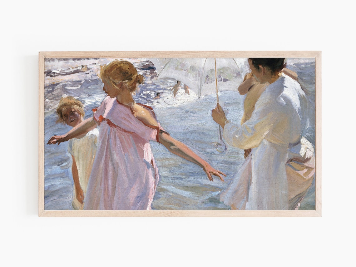 Family At Summer Beach Mother With Parasol Children In Waves Art Print - Image 3