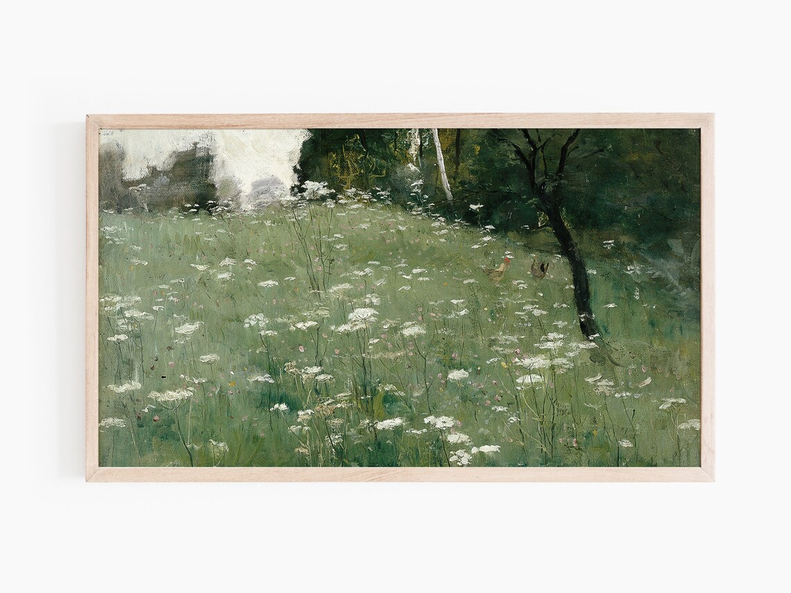 Green Meadow of White Wildflowers Vintage Country Landscape Art Print - Image 2