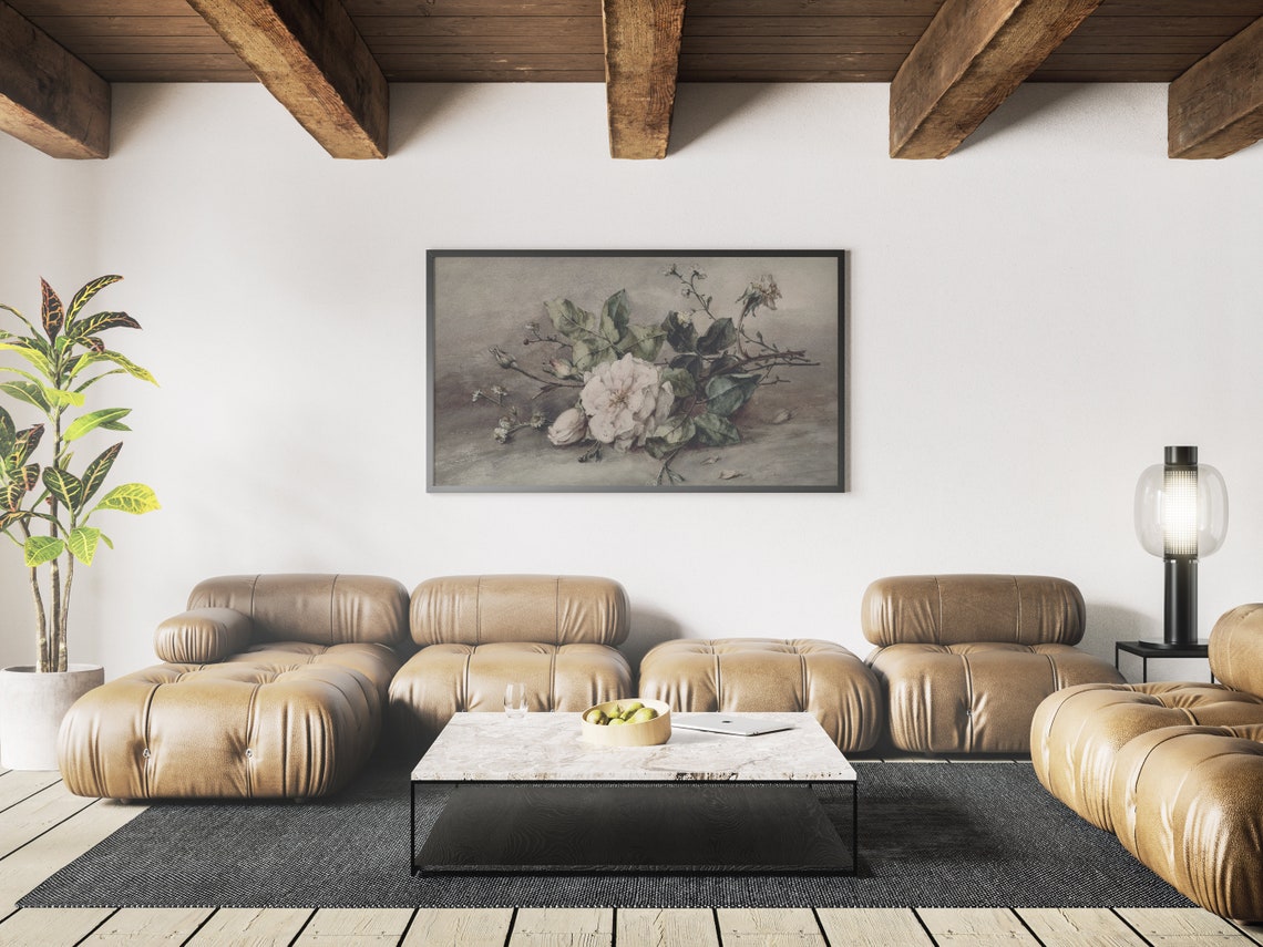 Moody Vintage Pink Roses Branch On Soft Grey Still Life Print - Image 3