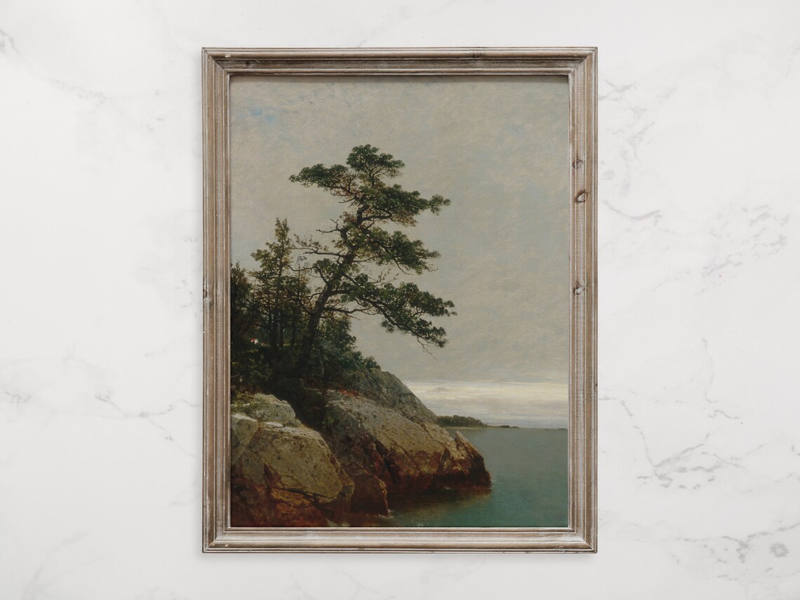 Vintage Coastal Landscape, Pine Tree Painting - Image 3