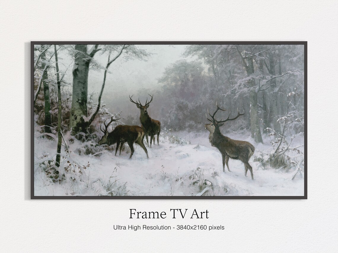 Winter Muted Landscape Animals Vintage Art Print