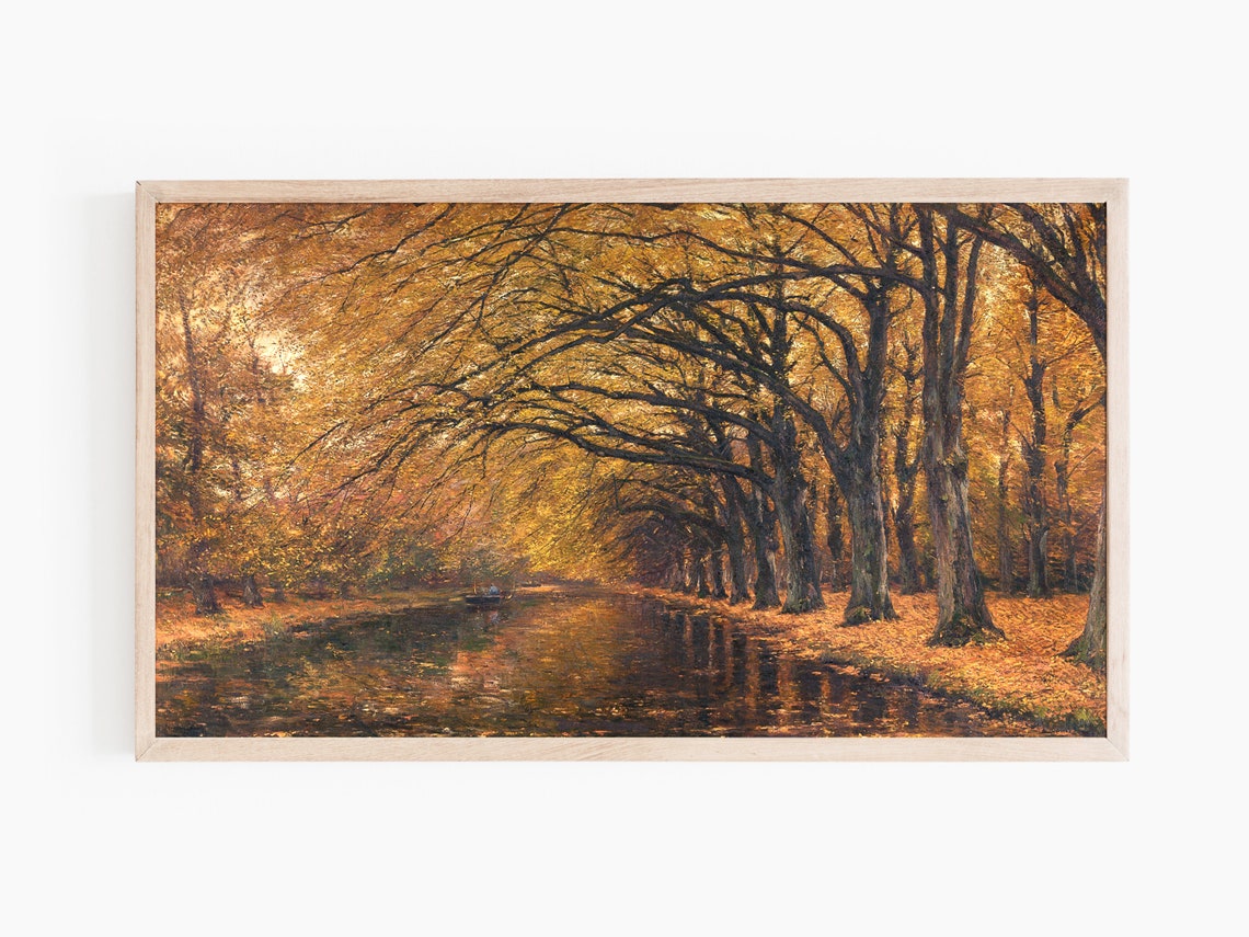 Golden Autumn Tree Avenue Reflecting in Water Vintage Oil Painting - Image 3