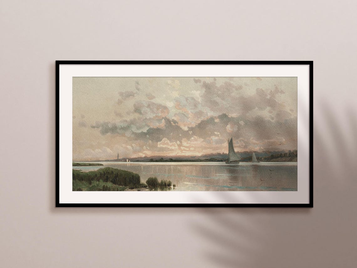 Quiet Lakeside Sailboats at Sunset Vintage Muted Seascape Art Print - Image 2