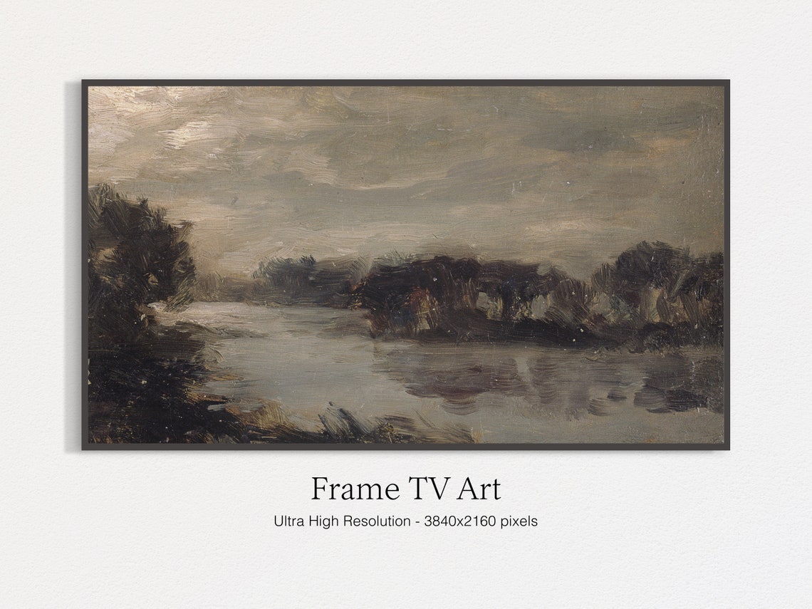Dark River Bend with Bare Trees Moody Vintage Landscape Art Print