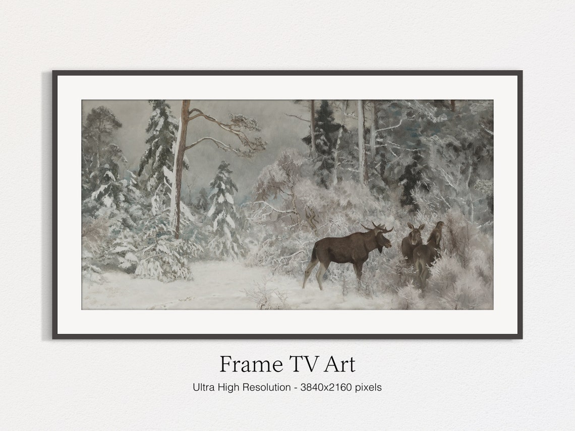 Moose Herd Snowy Pine Forest Winter Wildlife Landscape Print - Image 4