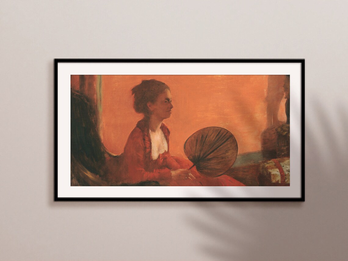 Woman In Red Gown Holding Fan Warm Orange Portrait Vintage Art Print - Image 2