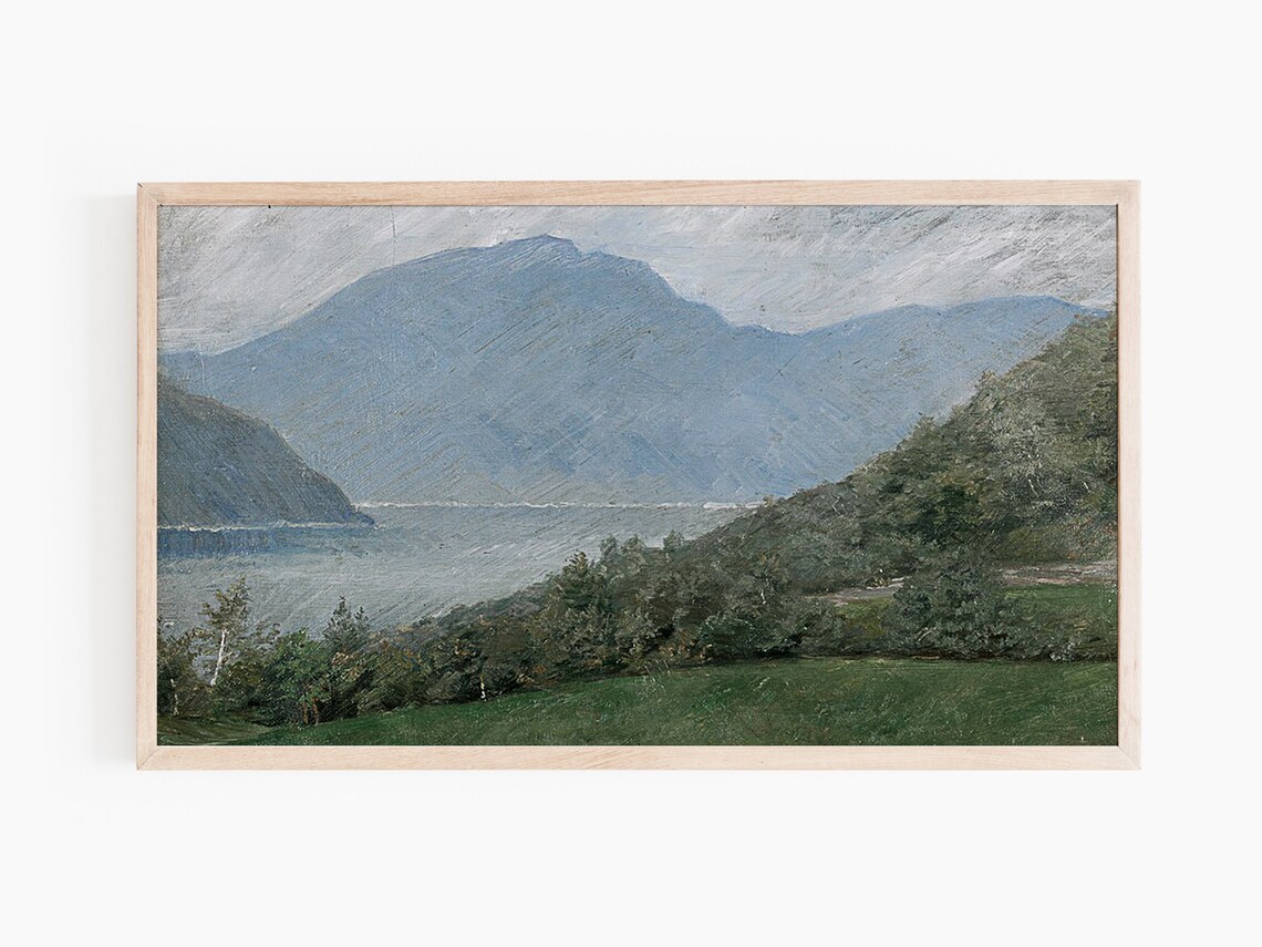 Misty Blue Mountain Lake Vintage Oil Painting Landscape Wall Art - Image 3