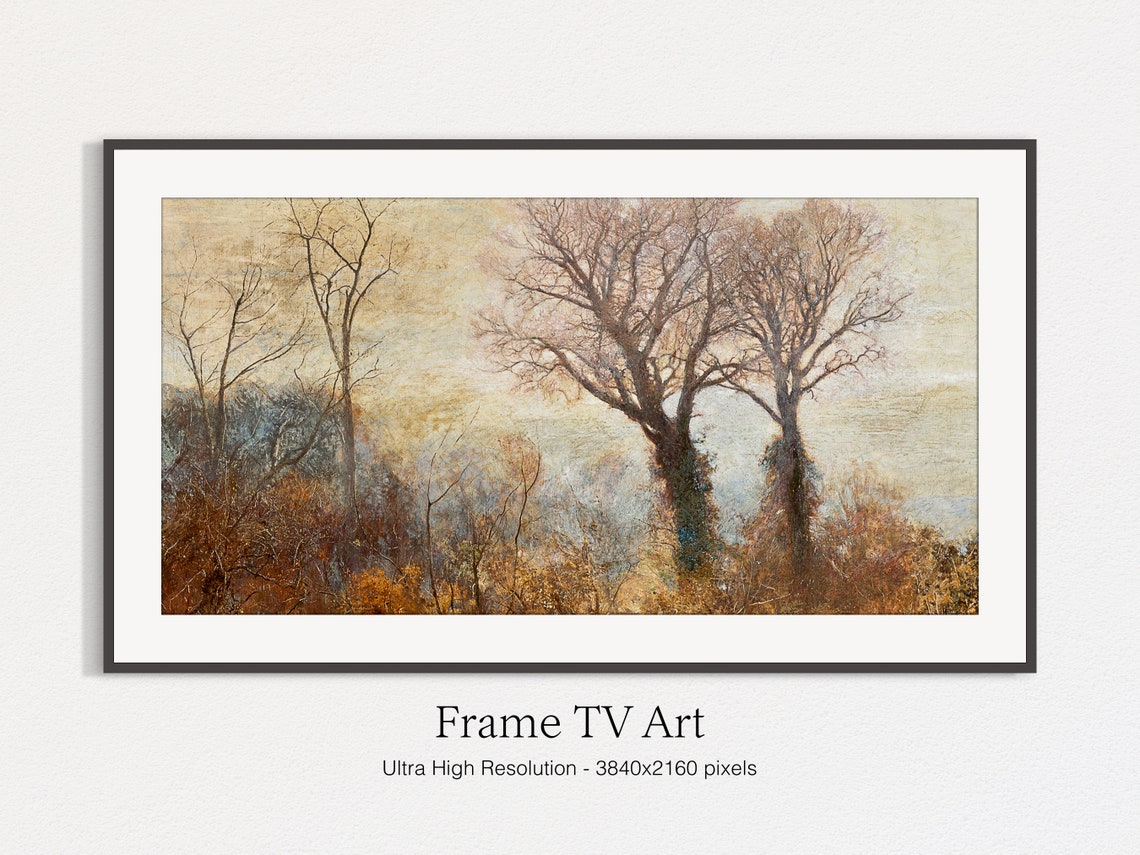 Bare Trees at Dusk Autumn Meadow Vintage Landscape Oil Painting Print - Image 4
