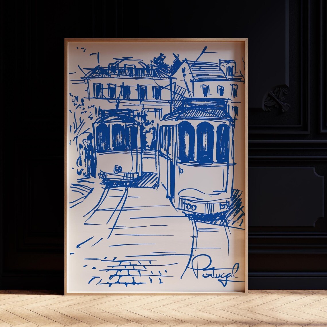 Lisbon Portugal Blue Tram Sketch Art Print Old Town Street Wall Art - Image 3
