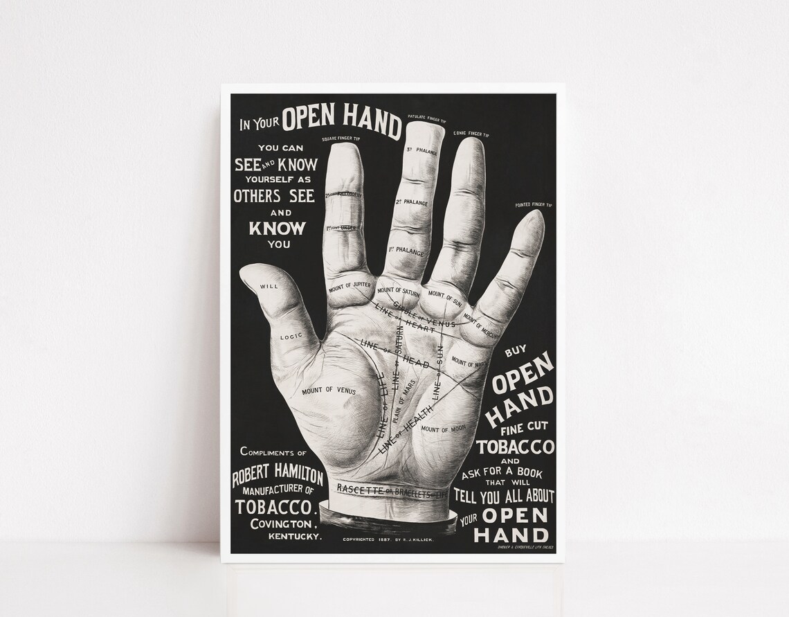 Open Hand Tobacco Palm Reading Chart Vintage Advertising Art Poster