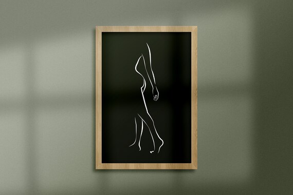 Minimalist Nude Female Silhouette White Line Art on Black Print