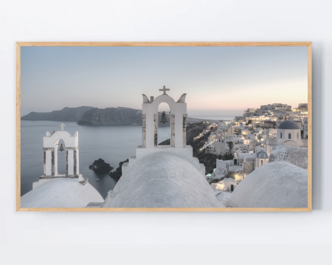 Santorini Church Bell Towers Caldera Sunset Travel Photography Poster