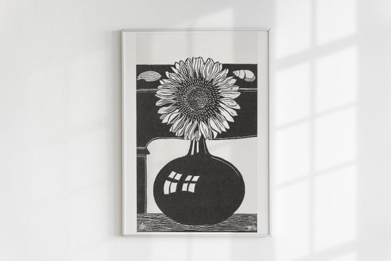 Sunflower In A Vase Black And White Painting Wall Art Instant Big Flower Illustration Monochrome Etching Vintage Print
