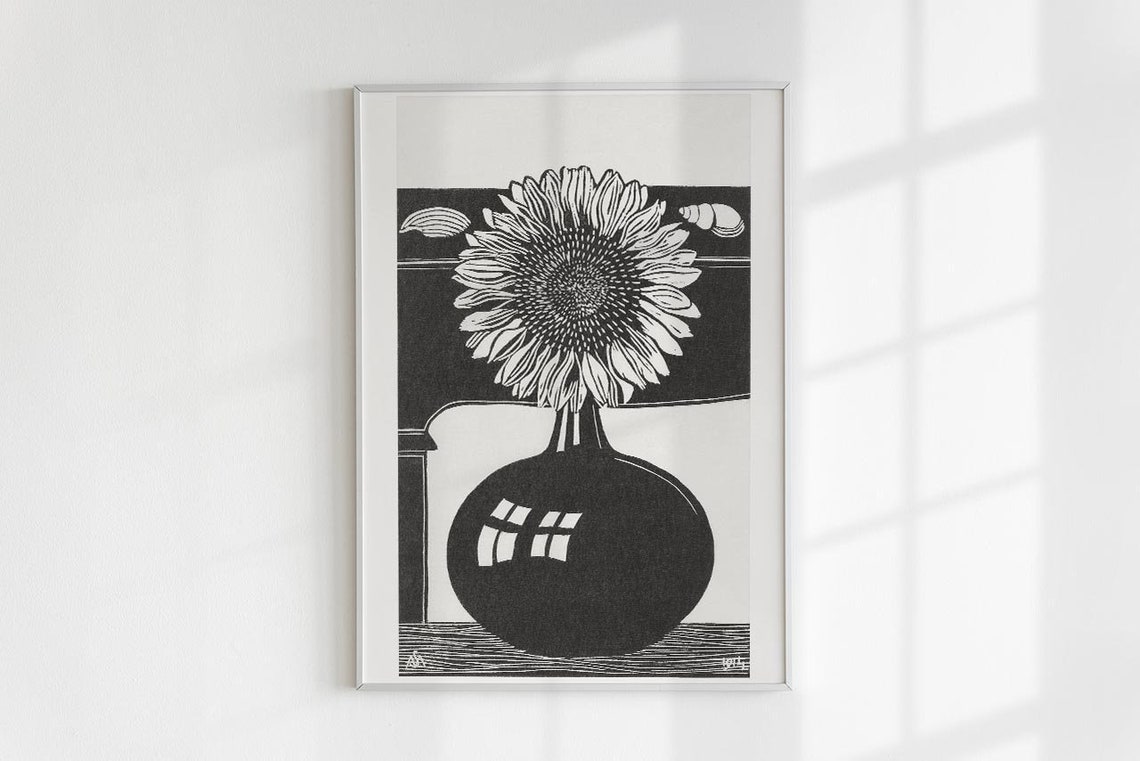 High Contrast Black And White Sunflower Vase Linocut Botanical Print