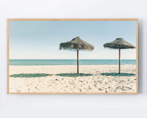 Straw Beach Umbrellas Tropical Sand Summer Coastal Photo Poster