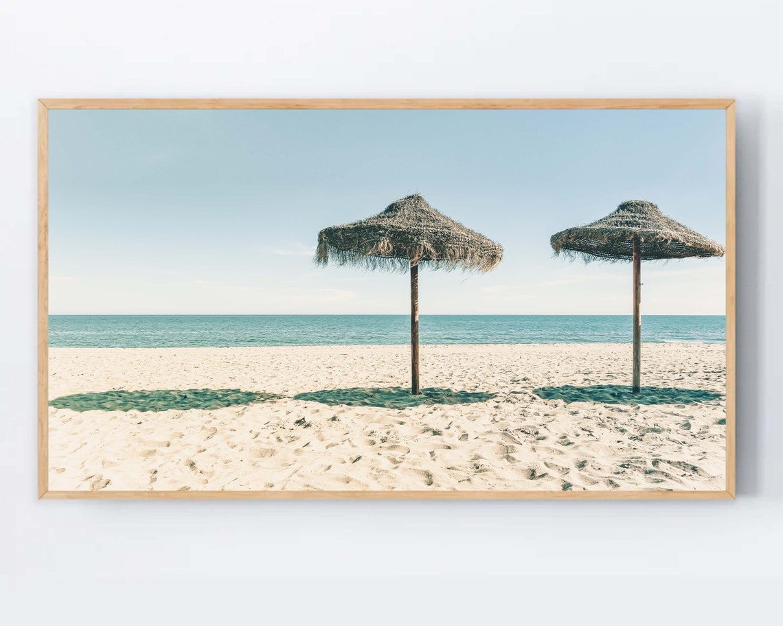 Straw Beach Umbrellas Tropical Sand Summer Coastal Photo Poster