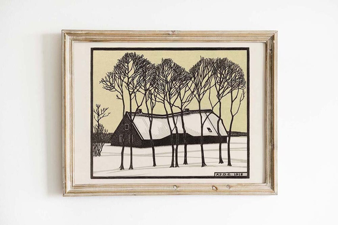 1918 Winter Farmhouse Etching Snowy Trees Vintage Art Poster