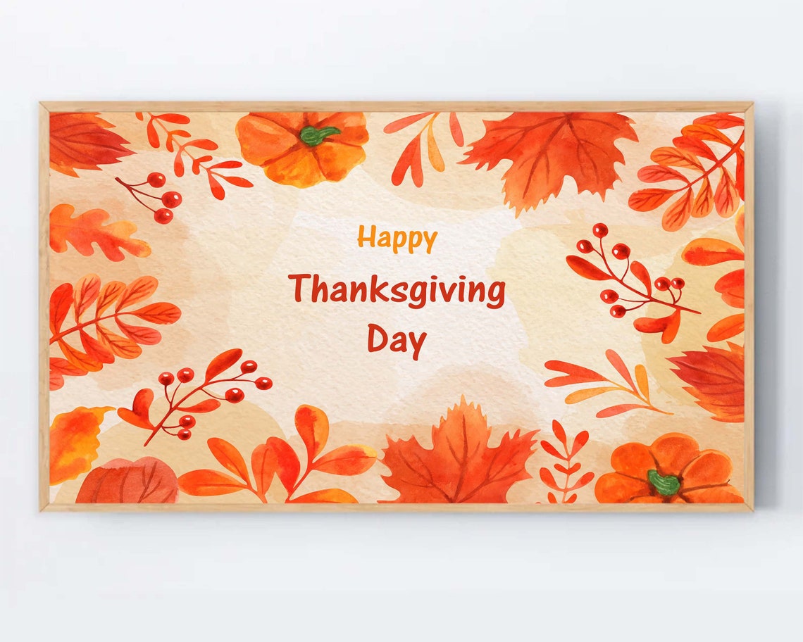 Happy Thanksgiving Day Watercolor Autumn Leaves Pumpkins Wall Art