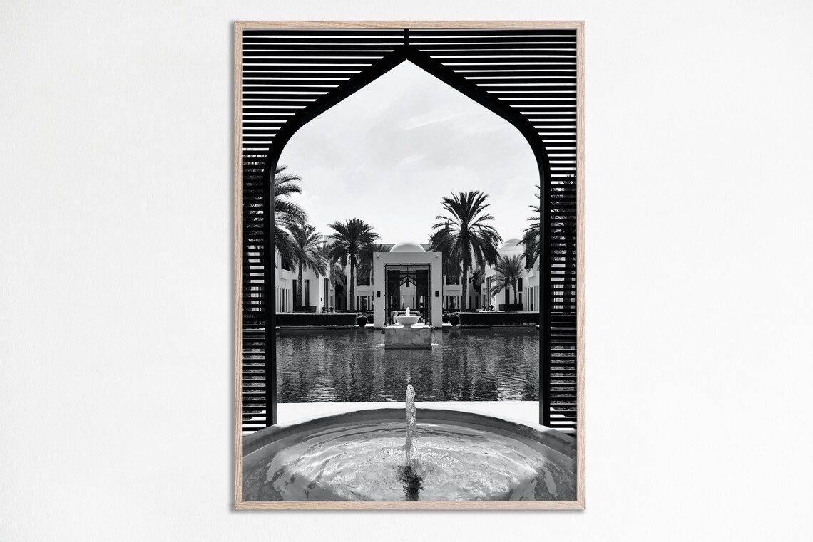 Tropical Arch Fountain Travel Poster, Black And White