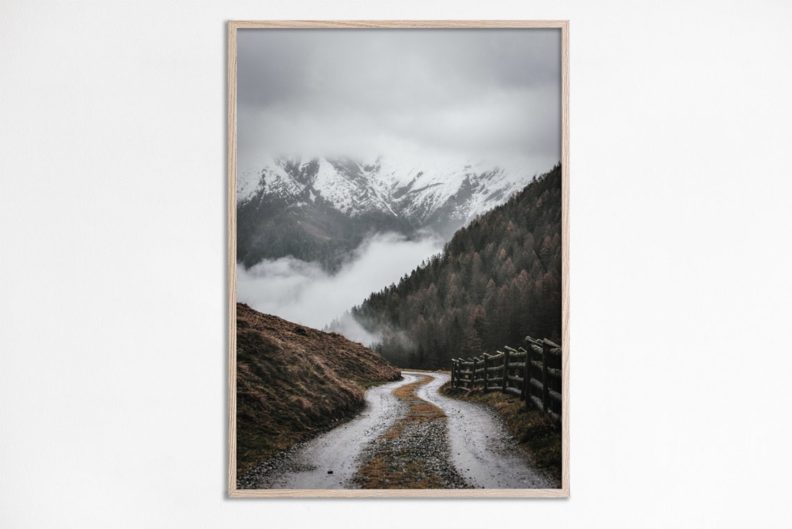 Winding Misty Mountain Road Snowy Peaks Forest Photography Poster