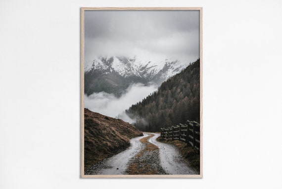 Mountain Road Print Forest Landscape Photography Mountains Poster Winter Off Woods Path Nature Wall Art