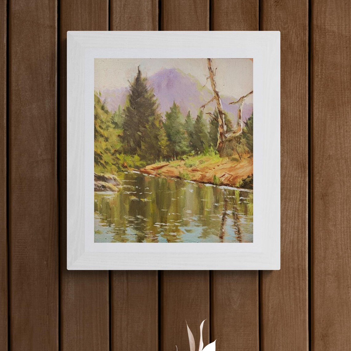 Serene River Landscape Painting Framed Tranquil Nature Scene With Lush Trees And Reflective Water Perfect For Home Decor Artwork - Image 2