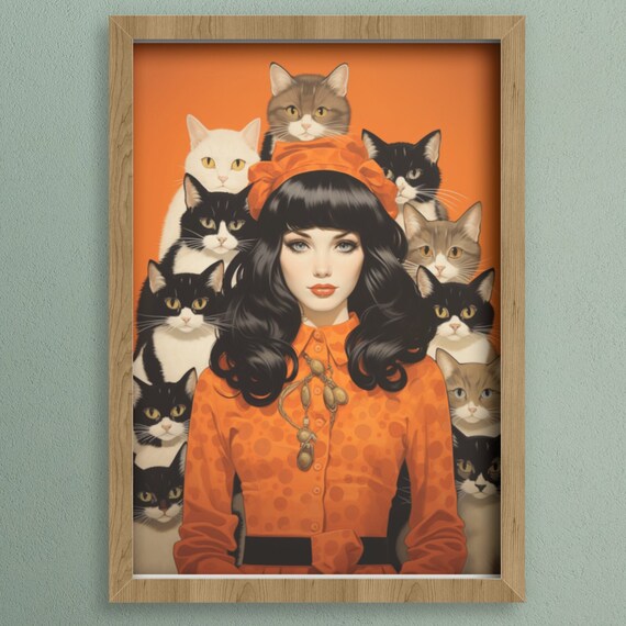Retro Woman Surrounded by Ten Cats Vintage Portrait Art Poster
