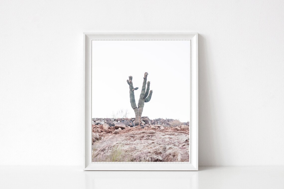 Lone Saguaro Cactus on Minimalist Rocky Desert Hill Scene Poster - Image 3