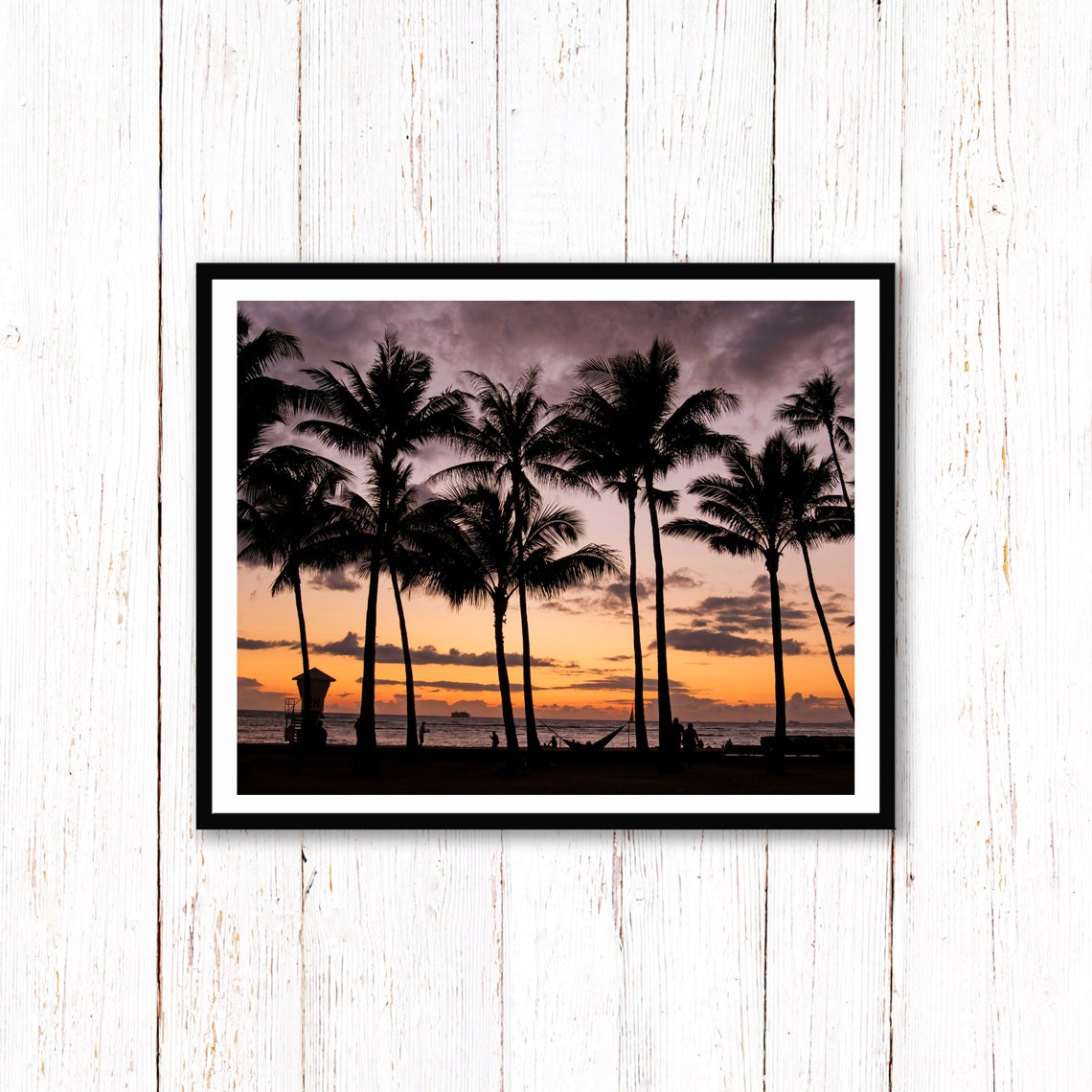 Palm Tree Silhouettes at Sunset Over Tropical Ocean Waves Poster - Image 2