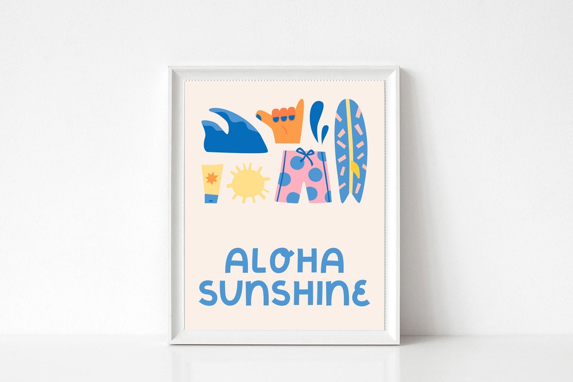 Aloha Sunshine Beach Graphic With Surfboard Shaka Hand Poster - Image 3