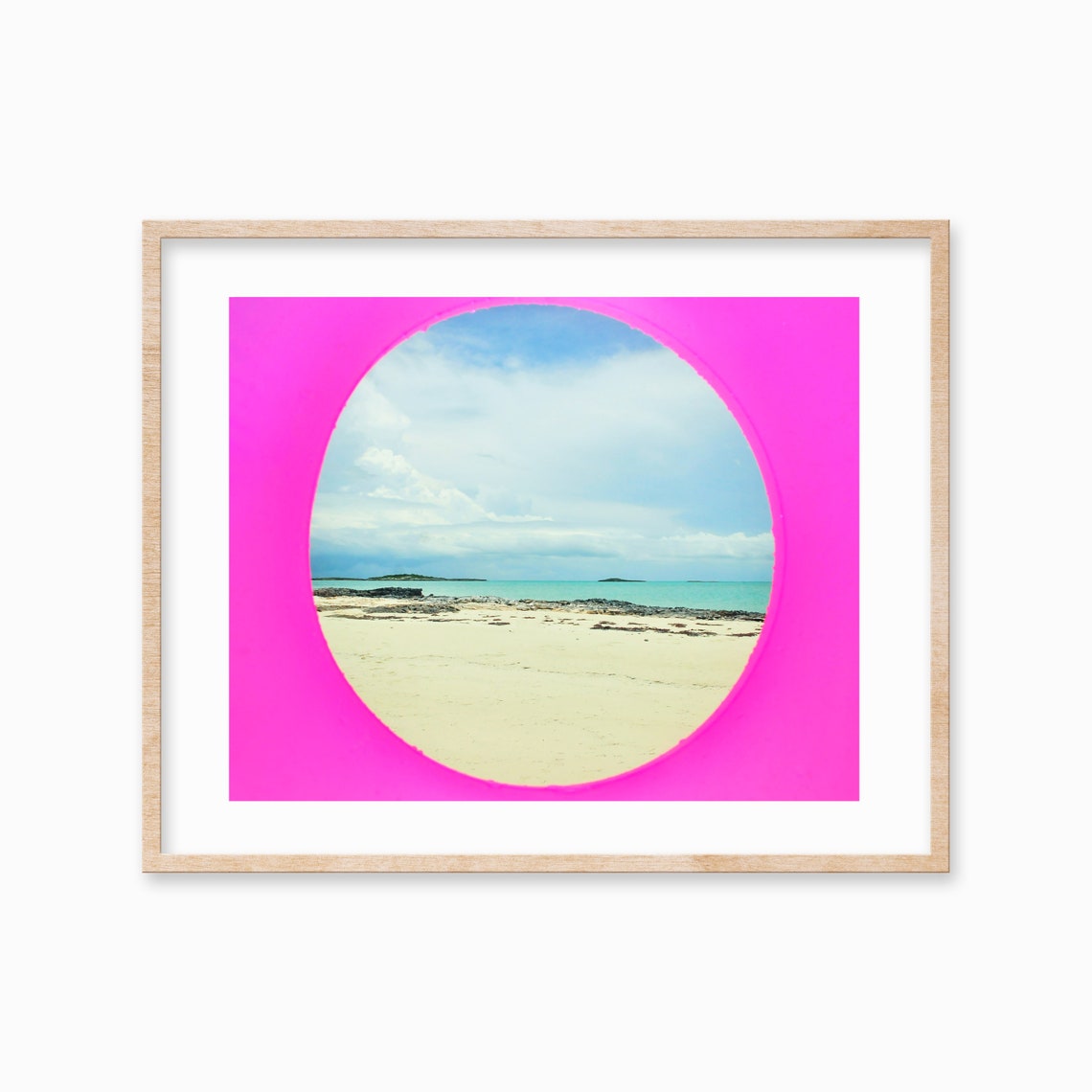 Porthole View of a Tropical Beach on Hot Pink Pop Art Poster