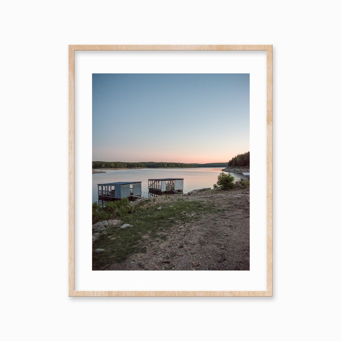 Boathouses on Still Lake at Sunset Pink Horizon Photography Poster