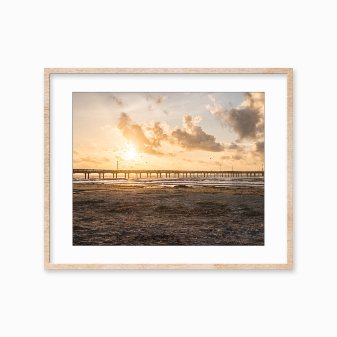Golden Sunset Ocean Pier Silhouette Beach Clouds Photo Poster