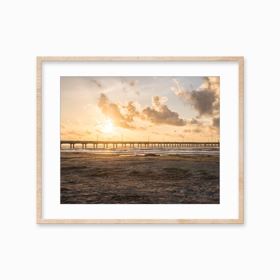 Golden Sunset Ocean Pier Silhouette Beach Clouds Photo Poster
