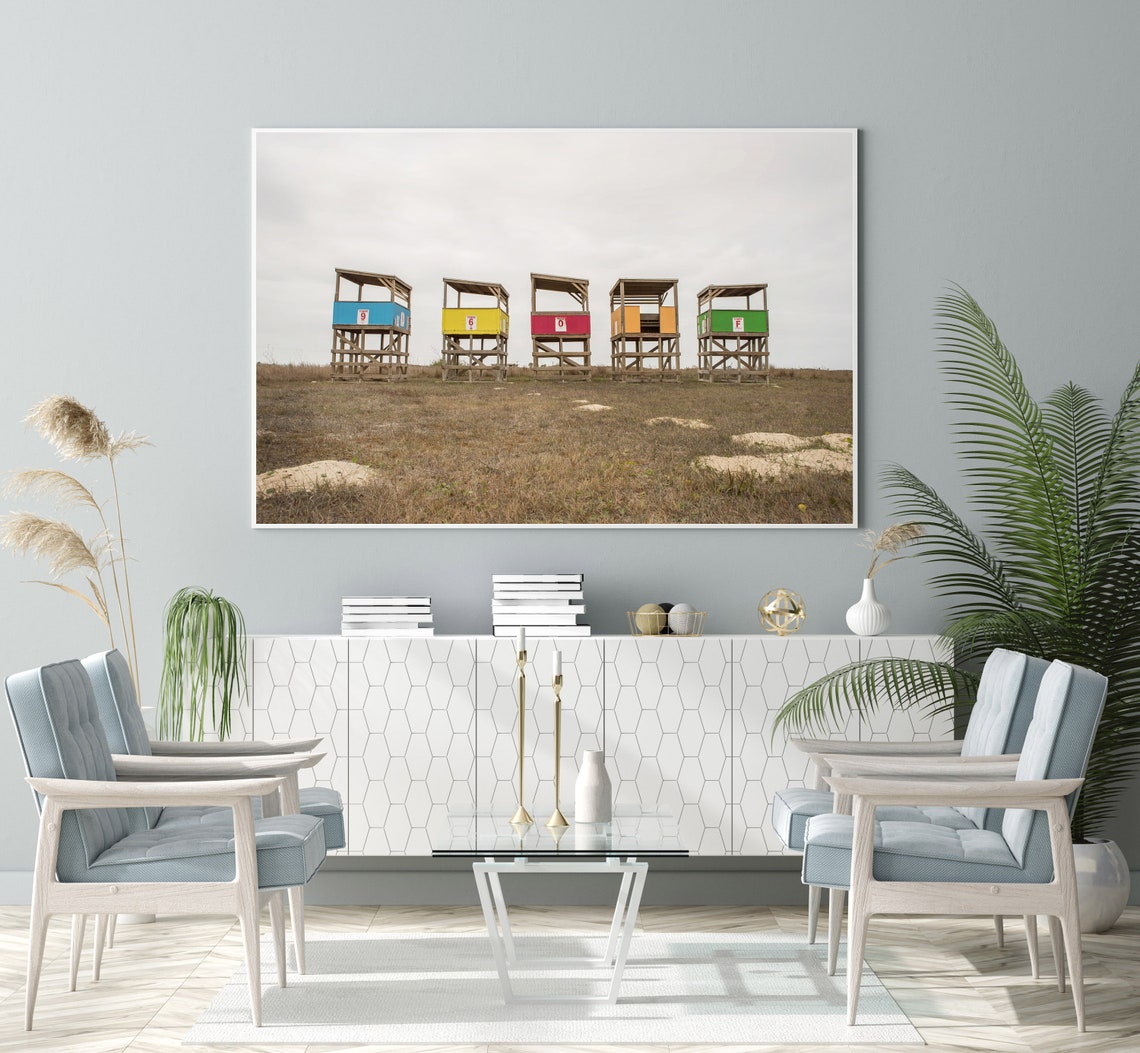 Row of Five Colorful Lifeguard Stands on Sandy Beach Photo Poster - Image 3