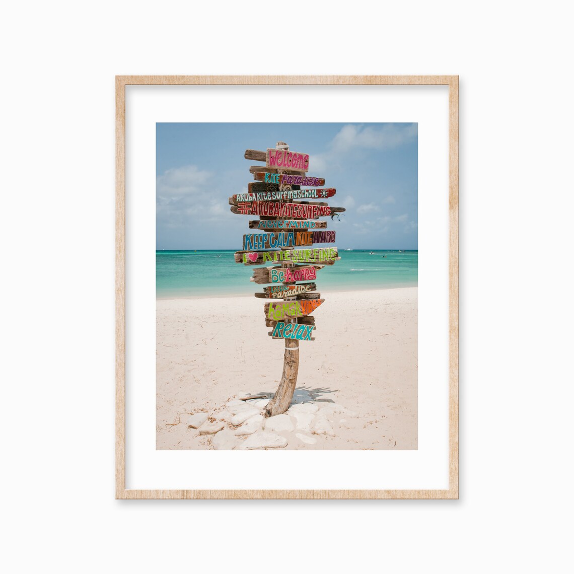 Colorful Aruba Kitesurfing Signpost on White Sand Beach Photo Poster