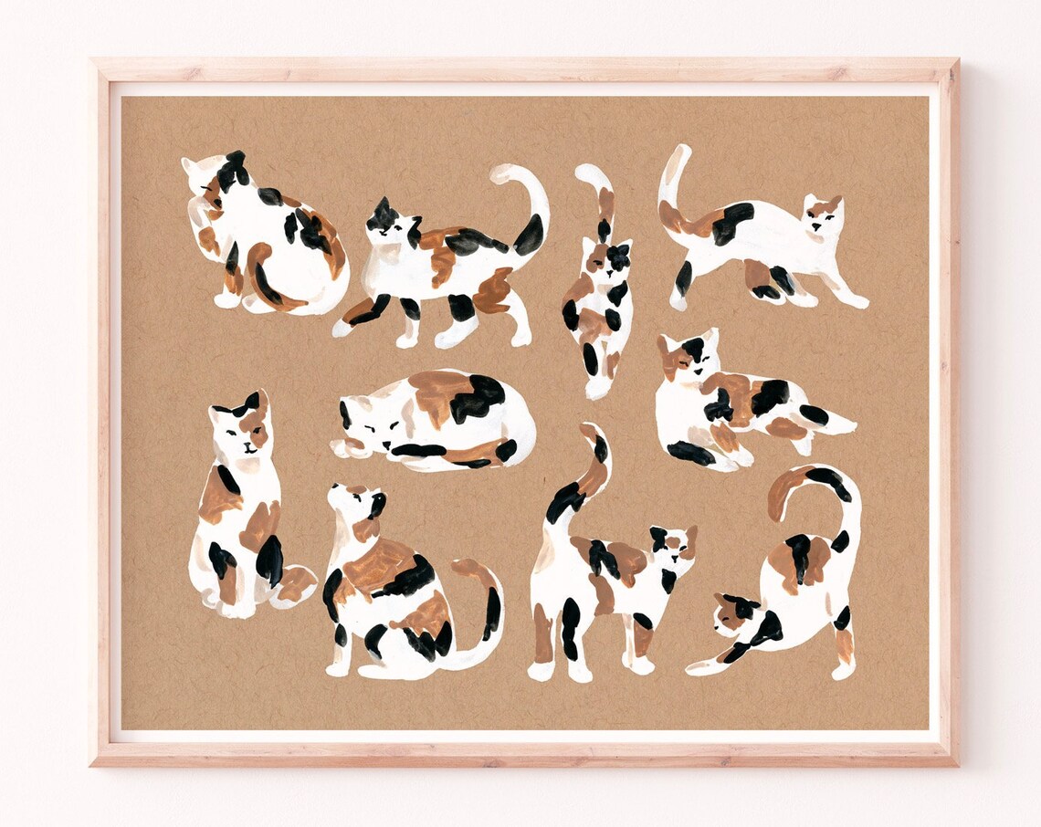 Calico Cat Watercolor Art Print, Neutral Wall Art