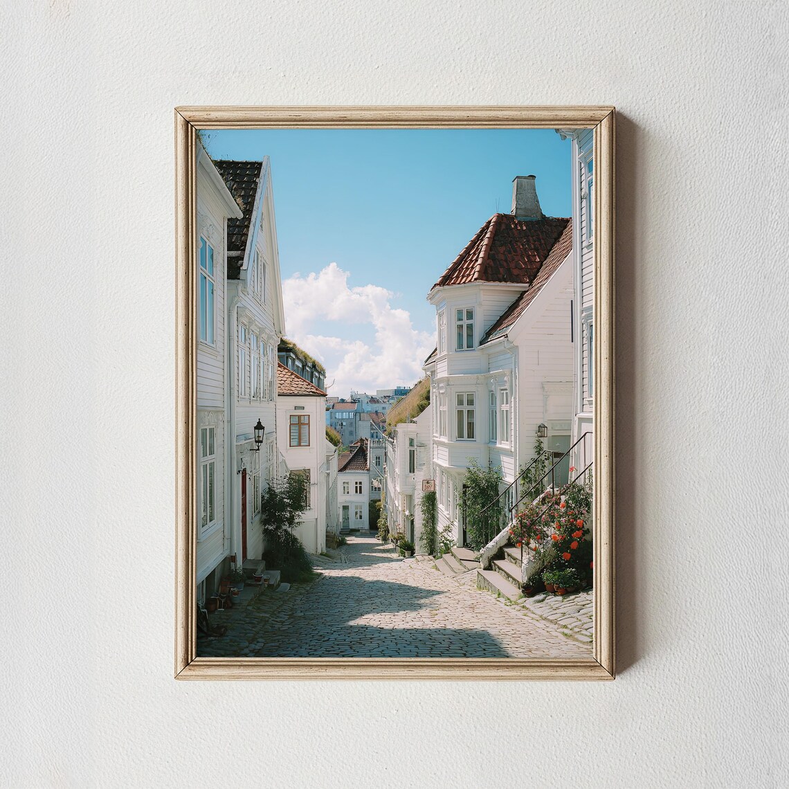 White Wooden Houses with Turf Roofs Cobbled Lane Photo Poster