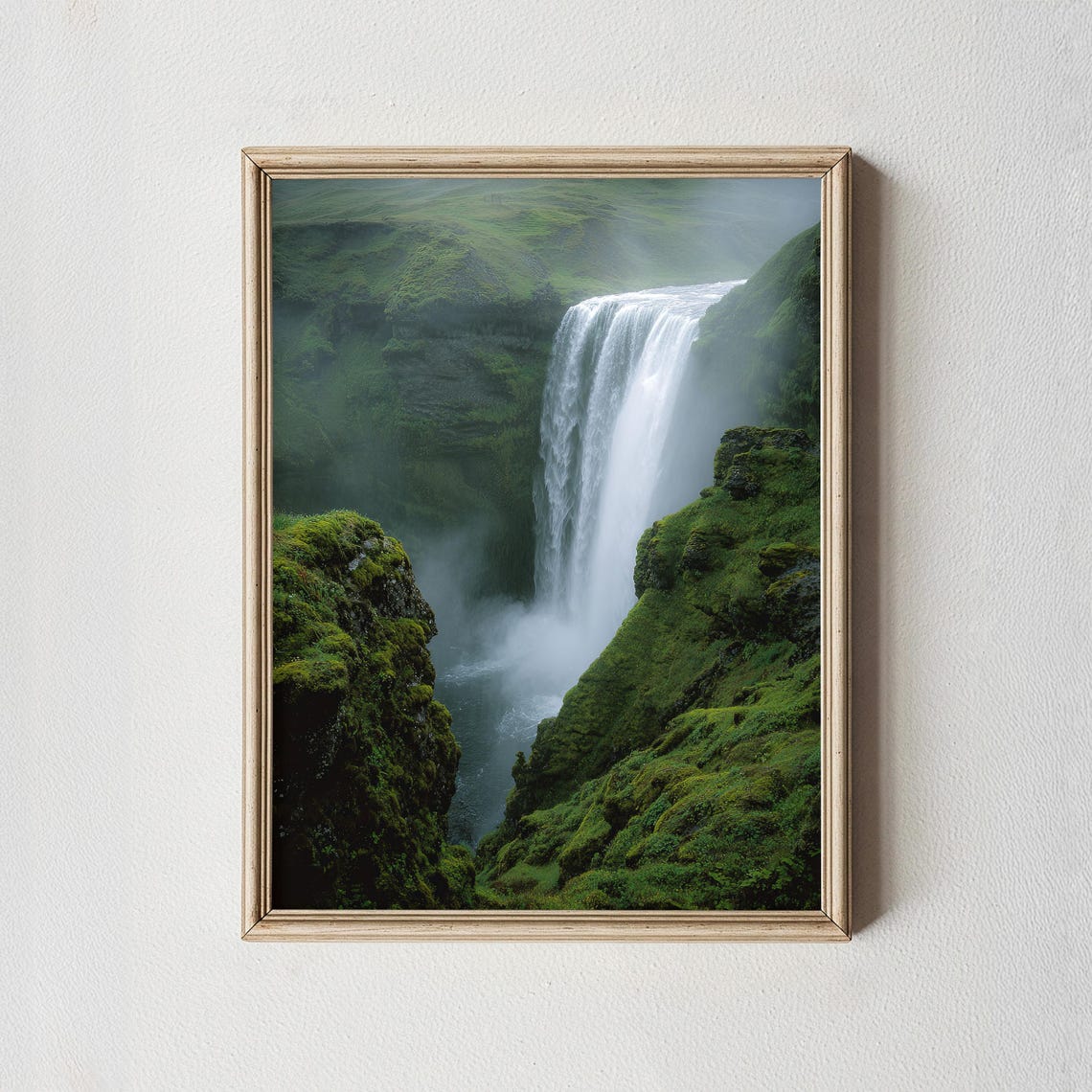 Towering Waterfall in Lush Green Moss Covered Canyon Art Poster