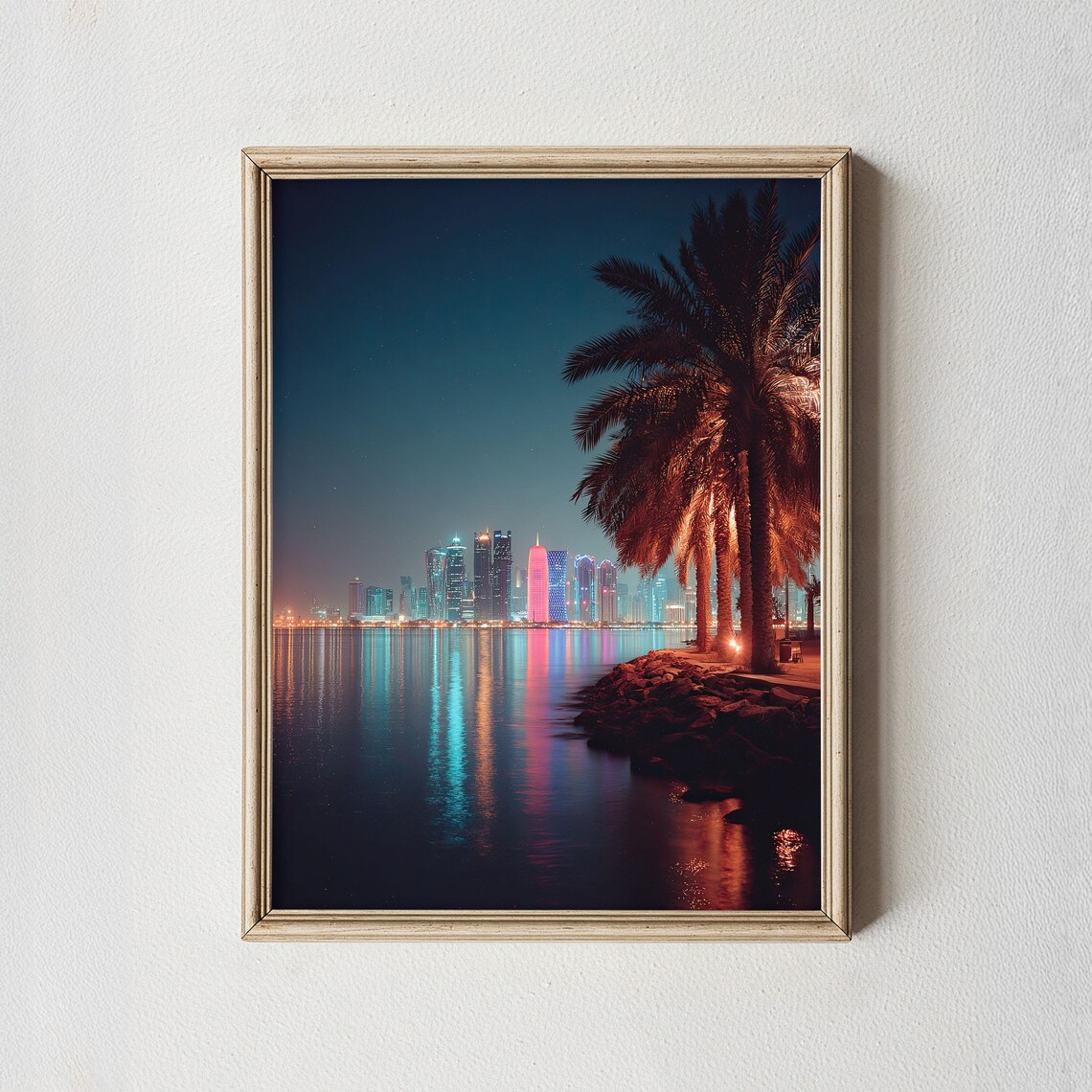 Doha Qatar Night Skyline Palm Trees Cityscape Photography Poster