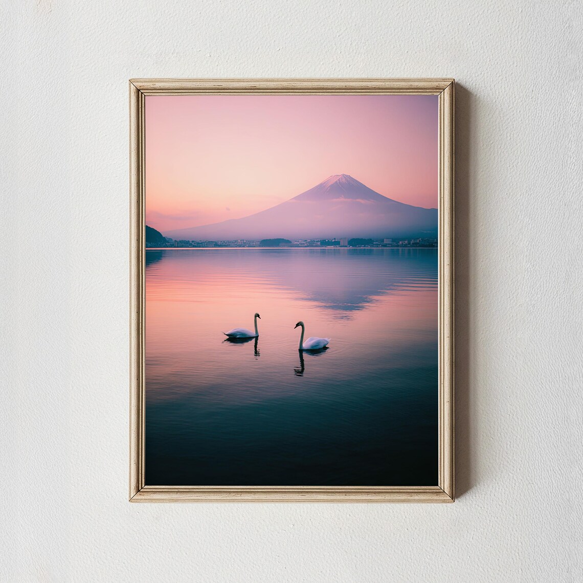 Mount Fuji Pastel Sunrise Two Swans Calm Lake Japan Photo Poster