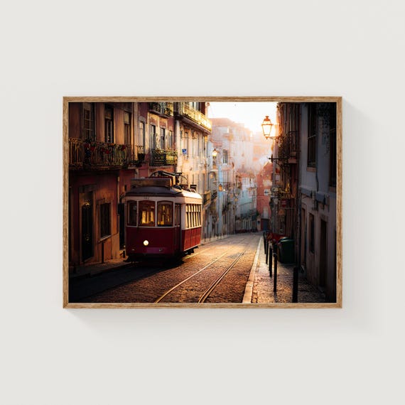 Lisbon Red Tram Print Alfama Sunset Portugal Cityscape Wall Art