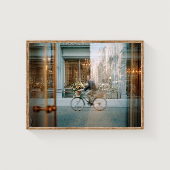 Cyclist Passing City Shop Window Blurred Street Photography Print