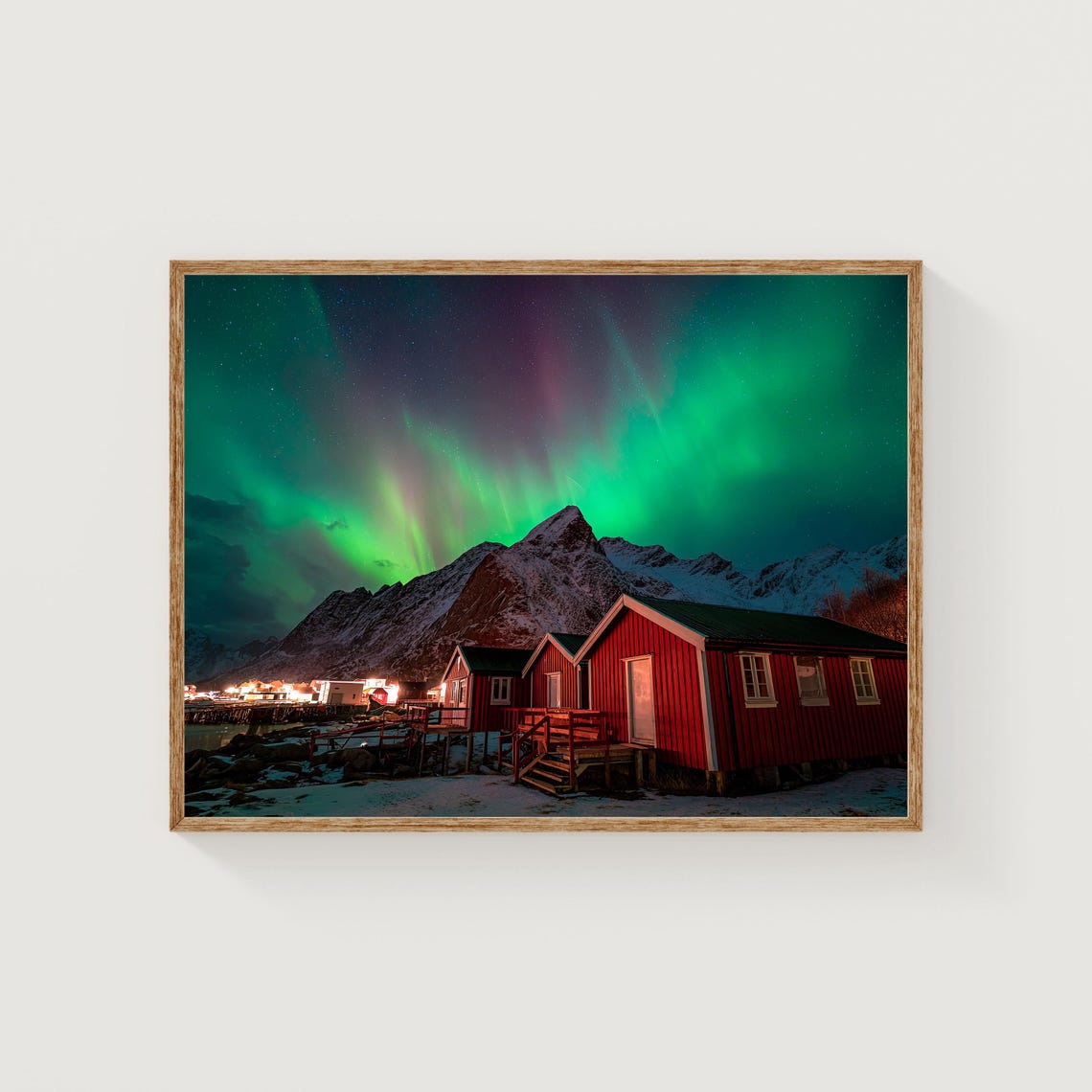 Northern Lights Aurora Over Red Cabins Snowy Coast Night Poster