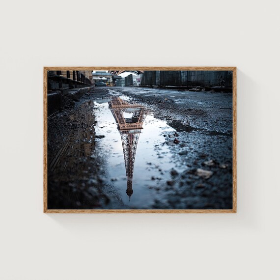 Eiffel Tower Reflection Print Rainy Paris Photography Moody Wall Art