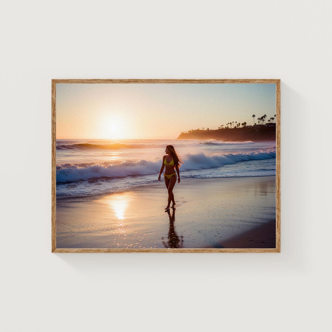 Woman Yellow Bikini Beach Sunset Waves Golden Hour Summer Poster