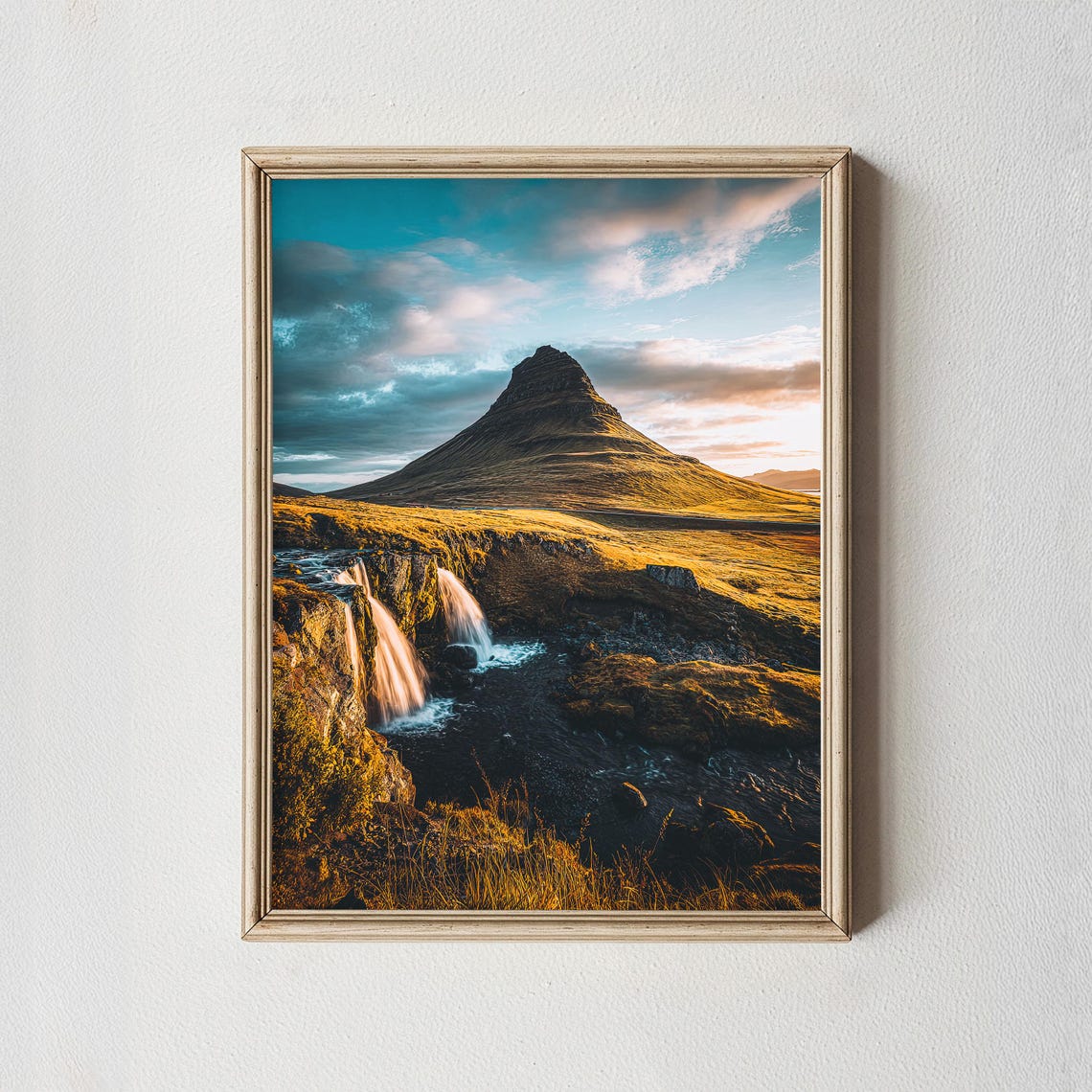 Kirkjufell Iceland Waterfall at Sunset Golden Nordic Landscape Poster