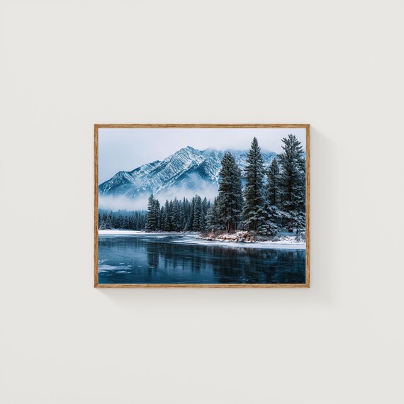 Snowy Mountain Lake Winter Forest Reflection Landscape Print